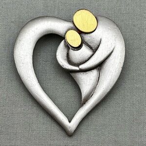 Vintage JJ Jonette Mother & Child Heart Brooch Pewter Brass Modernist Family Pin